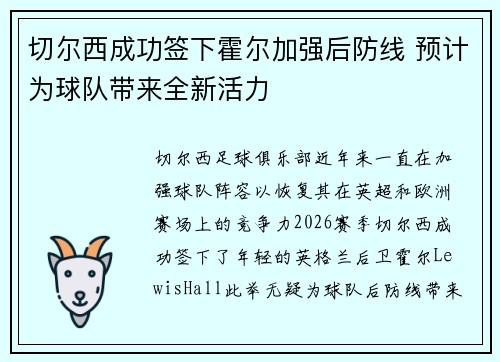切尔西成功签下霍尔加强后防线 预计为球队带来全新活力 切尔西成功签下霍尔加强后防线 预计为球队带来全新活力