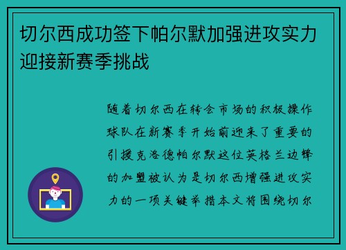 切尔西成功签下帕尔默加强进攻实力迎接新赛季挑战 切尔西成功签下帕尔默加强进攻实力迎接新赛季挑战